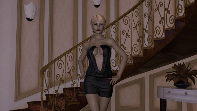 Обои картинки фото 3д графика, люди , people, фон, взгляд, девушка, светильники, лестница, интерьер