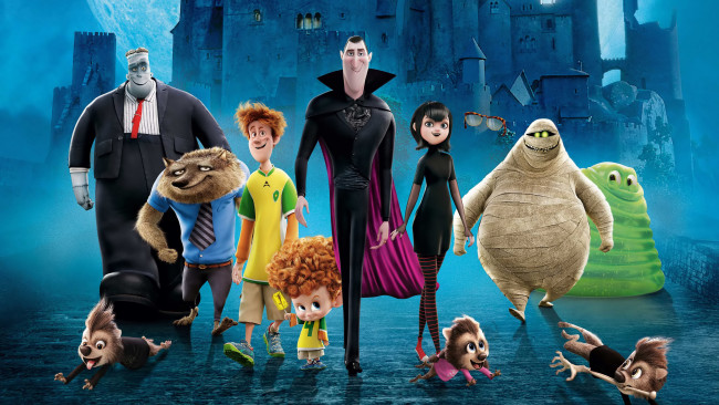 Обои картинки фото мультфильмы, hotel transylvania 2, монстры, на, каникулах, 2, мультфильм, персонажи, замок, ночь, мост, hotel, transylvania