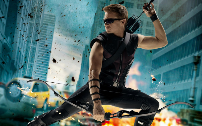 Обои картинки фото кино фильмы, the avengers, комикс, постер, стрелы, jeremy, renner, the, avengers, мстители, лук, очки, костюм, лучник, hawkeye, marvel, фантастика, джереми, реннер, clint, barton