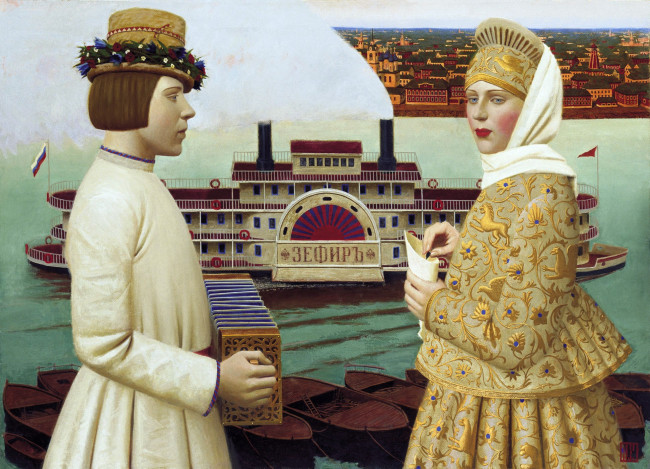 Обои картинки фото попутная песня, рисованное, андрей ремнёв, кулек, лодки, женщина, мужчина, шляпа, пароход, река, гармонь