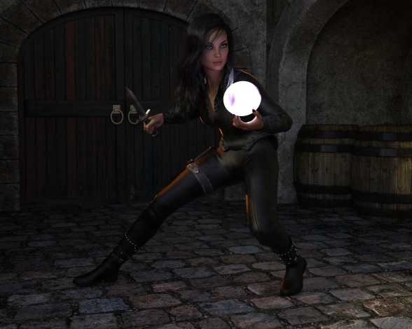 Обои картинки фото 3д графика, фантазия , fantasy, девушка, взгляд, фон, нож