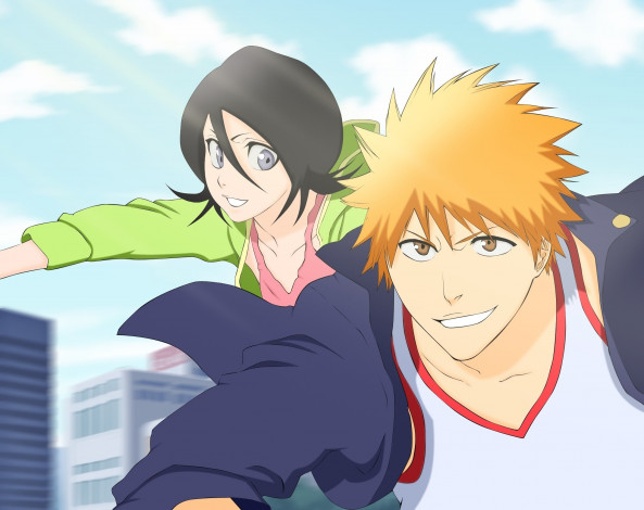 Обои картинки фото аниме, bleach, парень, фон, взгляд, девушка