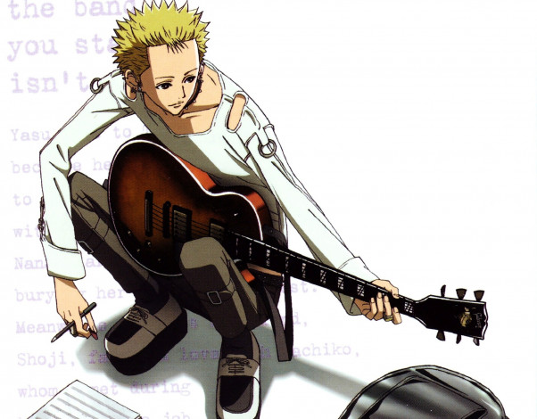 Обои картинки фото аниме, nana, гитара, белый, фон, art, нана, пирсинг, ai, yazawa, nobuo, terashima