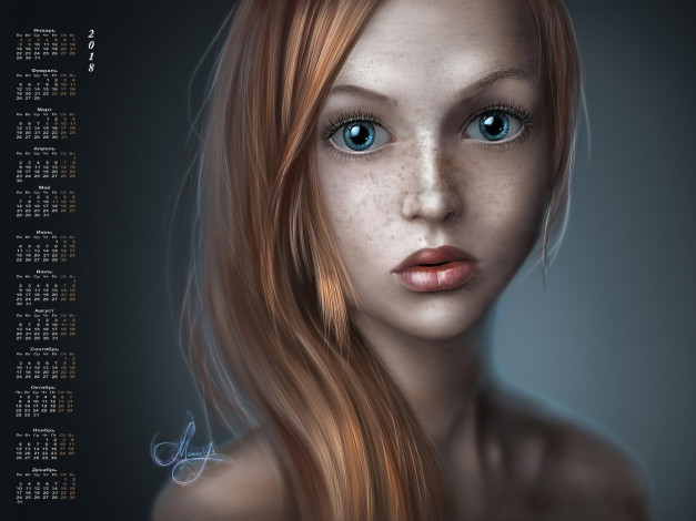 Обои картинки фото календари, рисованные,  векторная графика, взгляд, 2018, девушка, лицо