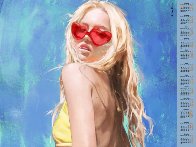 Обои картинки фото календари, рисованные,  векторная графика, 2018, очки, взгляд, девушка