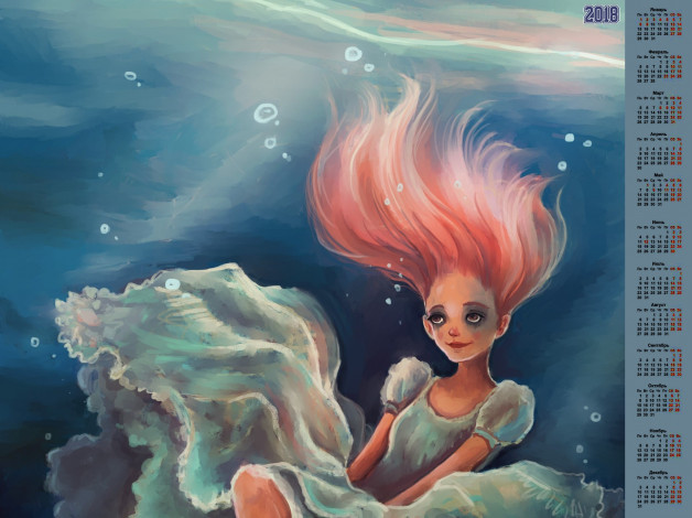 Обои картинки фото календари, рисованные,  векторная графика, водоем, пузырь, девушка, 2018