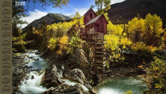 Обои картинки фото календари, природа, постройка, водоем, 2018, деревья, гора, камни