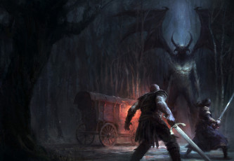 Картинка фэнтези демоны лес art карета рога арт демон тьма люди оружие ночь деревья