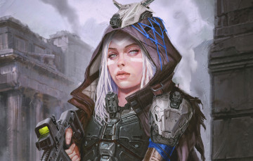 Картинка фэнтези роботы +киборги +механизмы девушка взгляд sci-fi капюшон арт фантастика оружие