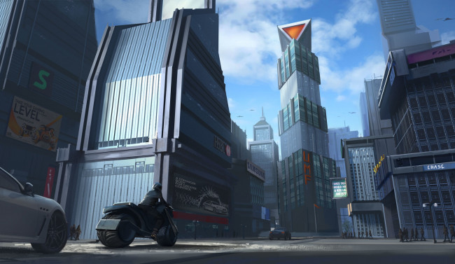 Обои картинки фото фэнтези, иные миры,  иные времена, city, мотоцикл, здания, машины, город