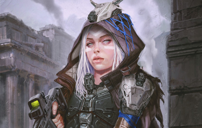 Обои картинки фото фэнтези, роботы,  киборги,  механизмы, девушка, взгляд, sci-fi, капюшон, арт, фантастика, оружие