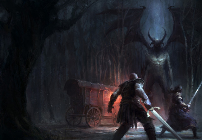 Обои картинки фото фэнтези, демоны, лес, art, карета, рога, арт, демон, тьма, люди, оружие, ночь, деревья