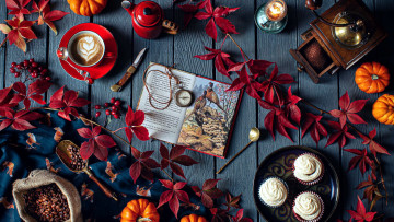 Картинка еда кофе +кофейные+зёрна книга розы бутоны