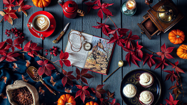 Обои картинки фото еда, кофе,  кофейные зёрна, книга, розы, бутоны