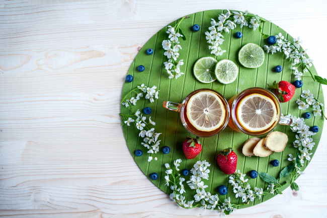 Обои картинки фото еда, напитки,  чай, имбирь, лимон, чай, клубника, лайм