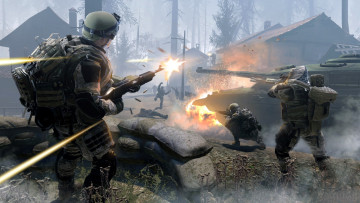 обоя видео игры, warface, солдаты, оружие, бой, танк, поселок