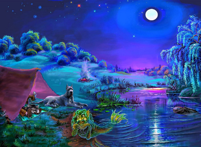 Обои картинки фото рисованное, виктор цыганов, водяной, сбака, палатка, ночь, костер, озеро