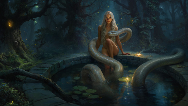 Обои картинки фото фэнтези, красавицы и чудовища, красивая, девушка, змей