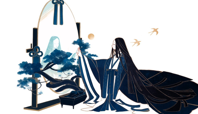 Обои картинки фото аниме, unknown,  другое , девушка, наряд, зеркало, дерево, ласточки