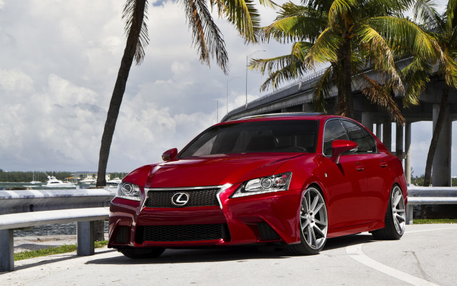 Обои картинки фото lexus, gs, 350, автомобили, красный, мост, пальмы