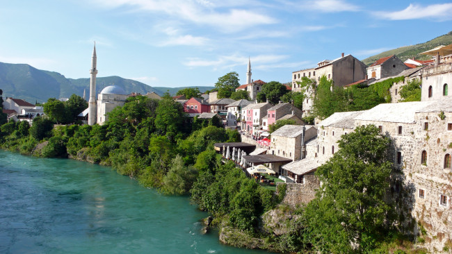 Обои картинки фото города, мостар , босния и герцеговина, дома, река