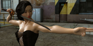 Картинка 3д+графика люди+ people фон взгляд девушка катана