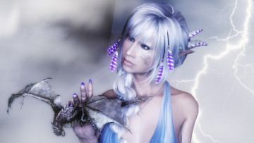 обоя 3д графика, эльфы , elves, блондинка, дракон, фон, взгляд, эльфийка