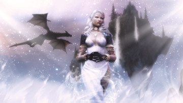 обоя 3д графика, эльфы , elves, дракон, блондинка, фон, взгляд, эльфийка