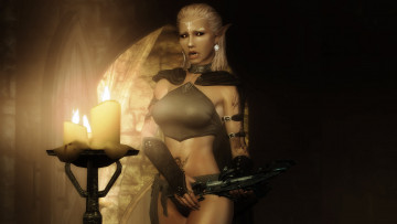 Картинка 3д+графика эльфы+ elves оружие блондинка фон взгляд эльфийка свечи