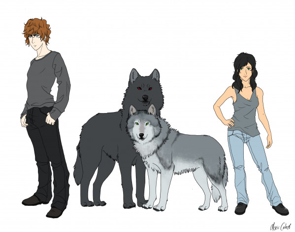 Обои картинки фото рисованное, животные,  собаки, девушка, мальчик, фон, собаки, взгляд