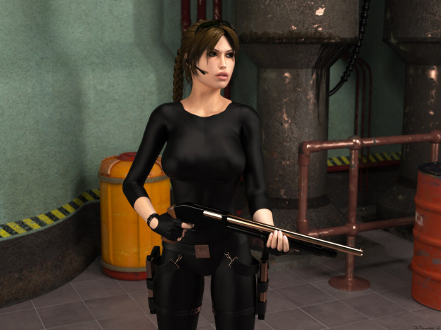 Обои картинки фото 3д графика, фантазия , fantasy, оружие, фон, взгляд, девушка