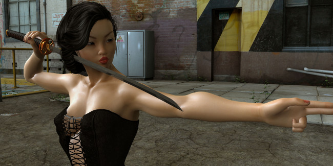 Обои картинки фото 3д графика, люди , people, фон, взгляд, девушка, катана