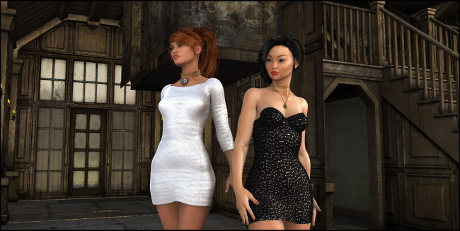 Обои картинки фото 3д графика, люди , people, дом, фон, взгляд, девушки