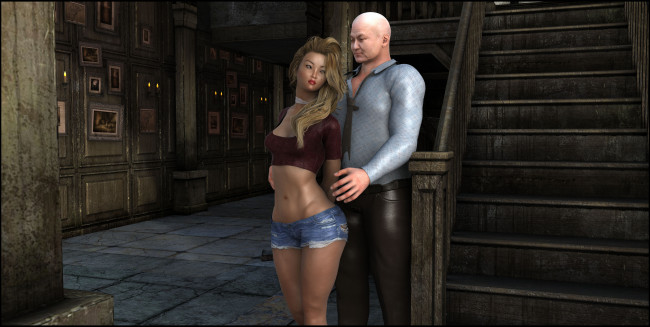 Обои картинки фото 3д графика, люди , people, взгляд, девушка, лестница, мужчина