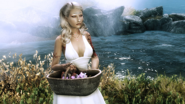 Обои картинки фото 3д графика, эльфы , elves, блондинка, взгляд, фон, эльфийка, корзина