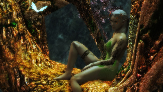 Обои картинки фото 3д графика, эльфы , elves, дерево, фон, взгляд, эльфийка