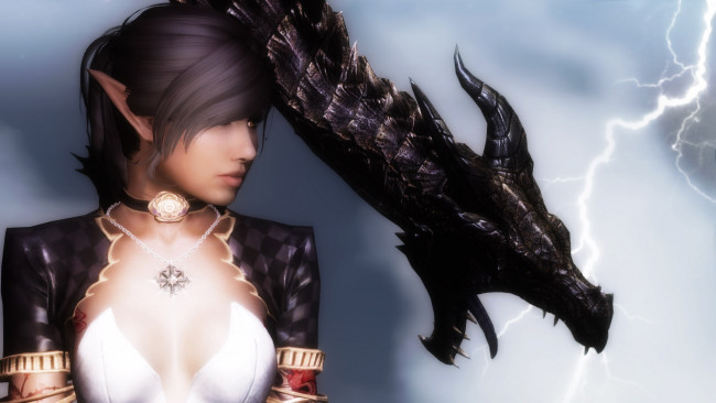 Обои картинки фото 3д графика, эльфы , elves, дракон, фон, взгляд, эльфийка