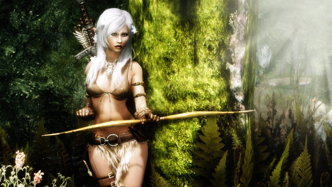 Обои картинки фото 3д графика, эльфы , elves, эльфийка, лук, фон, блондинка, взгляд