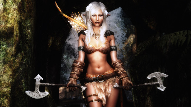 Обои картинки фото 3д графика, эльфы , elves, эльфийка, лук, оружие, взгляд, фон, блондинка