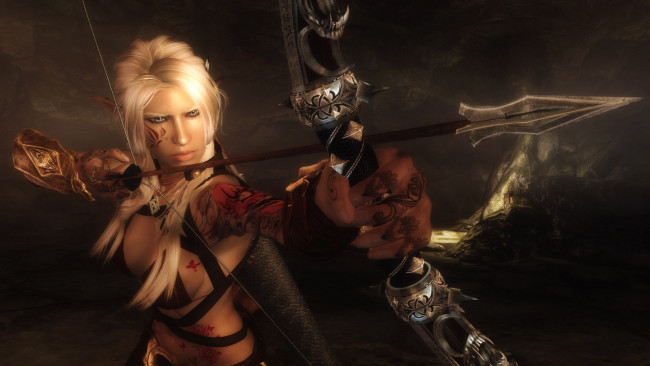 Обои картинки фото 3д графика, эльфы , elves, эльфийка, взгляд, фон, блондинка, лук