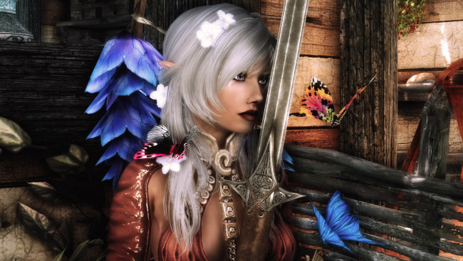 Обои картинки фото 3д графика, эльфы , elves, меч, блондинка, фон, взгляд, эльфийка