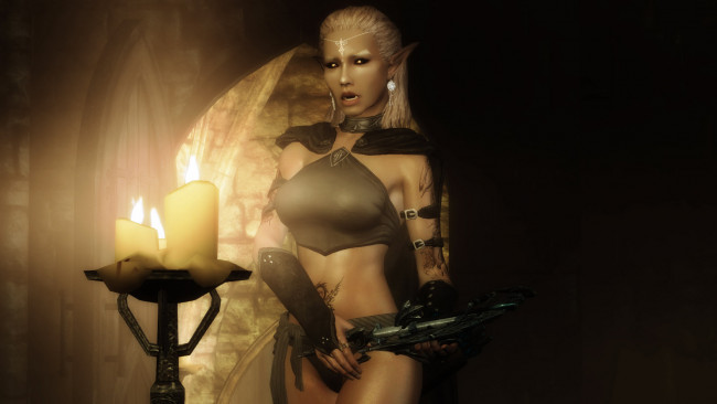 Обои картинки фото 3д графика, эльфы , elves, оружие, блондинка, фон, взгляд, эльфийка, свечи