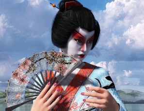 Картинка 3д+графика люди+ people фон гейша веер взгляд девушка