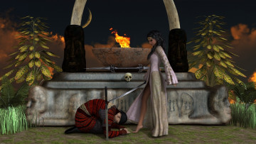 Картинка 3д+графика люди+ people оружие девушка фон взгляд парень огонь