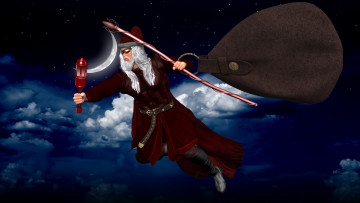 Картинка 3д+графика праздники+ holidays подарки облака фонарь луна звезды полет санта клаус