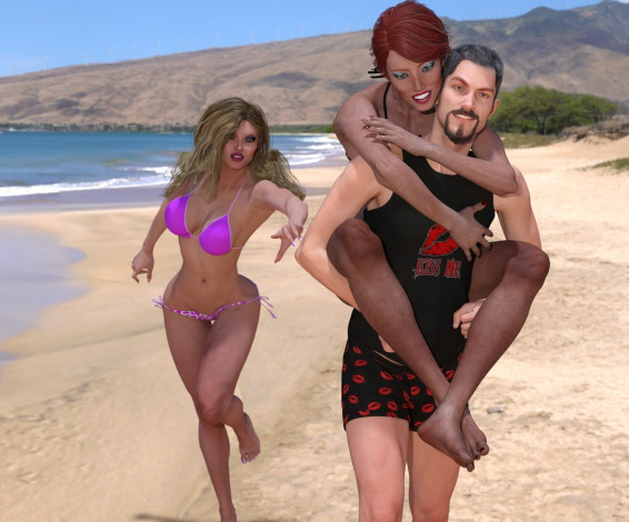 Обои картинки фото 3д графика, люди , people, пляж, парень, фон, взгляд, девушки