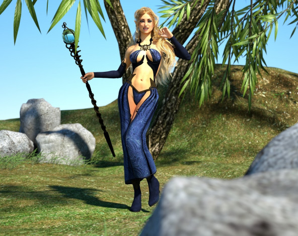 Обои картинки фото 3д графика, фантазия , fantasy, фон, взгляд, тотем, природа, девушка