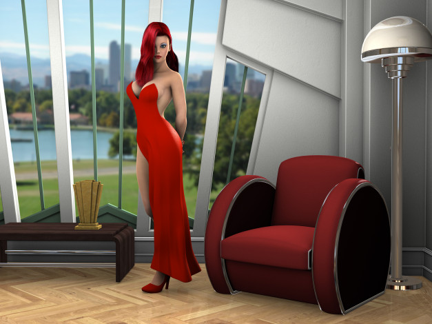 Обои картинки фото 3д графика, люди , people, интерьер, рыжая, фон, взгляд, девушка