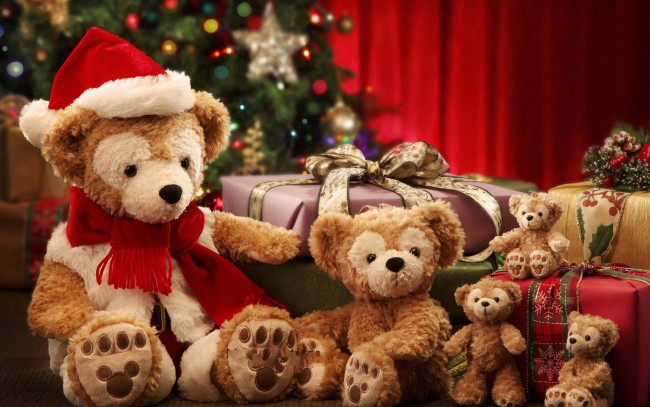 Обои картинки фото праздничные, мягкие игрушки, коробки, подарки, ёлка, мишки, игрушки