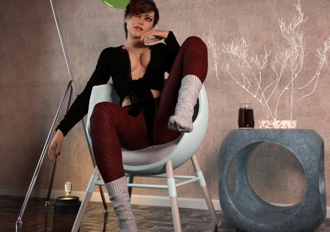 Обои картинки фото 3д графика, люди , people, интерьер, фон, взгляд, девушка